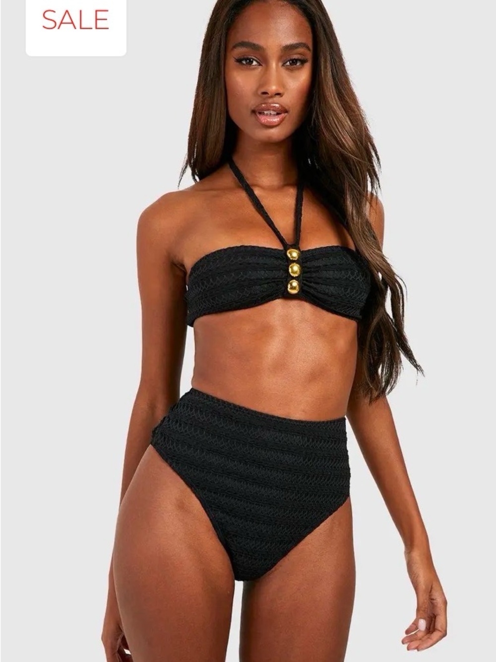 Boohoo Black Textured Bandeau Bikini with Gold Buttons